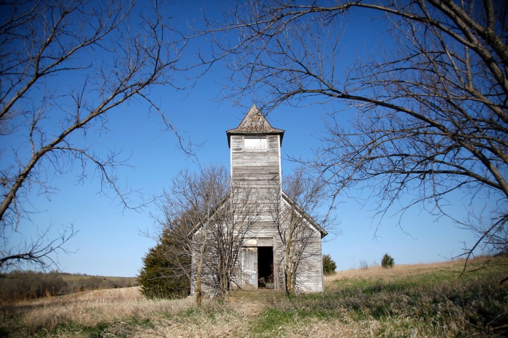 The Methodist church in Monowi, Nebraska stands abandoned